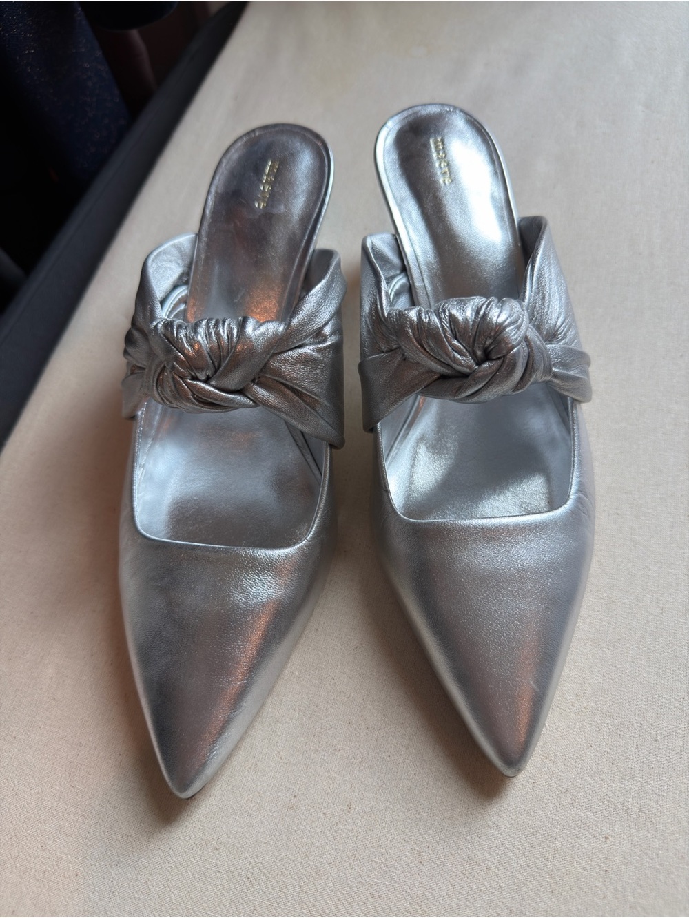 New/unworn Maeve Silver Pointed-Knot Mule Heels - Women's Metallic Slip-On
